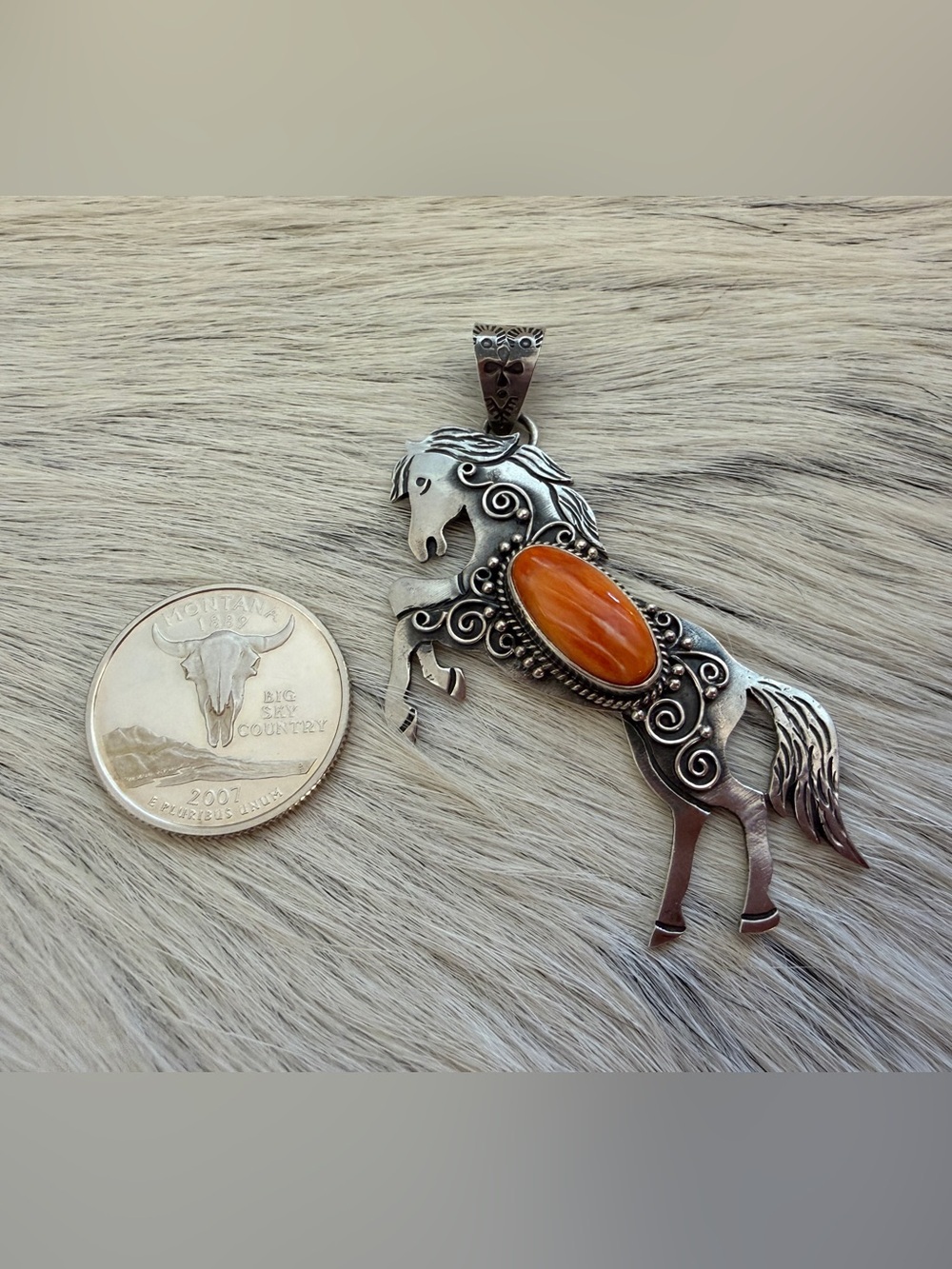 ❤️ Orange Spiny Oyster 925 Hand Stamped Statement Rearing Horse Pendant 2.46”L - Picture 6 of 16